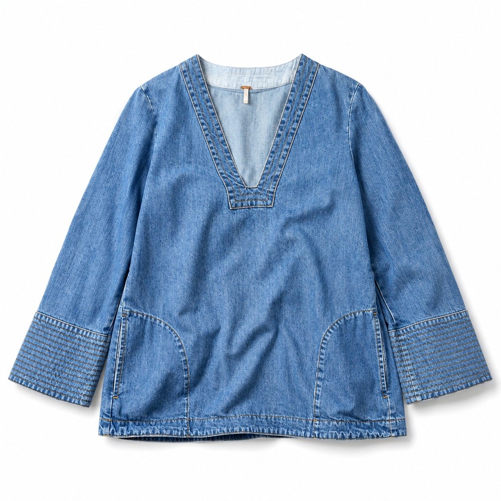 Free People Chambray Denim Tunic Top Blue Boho Bell Sleeve Women's Small